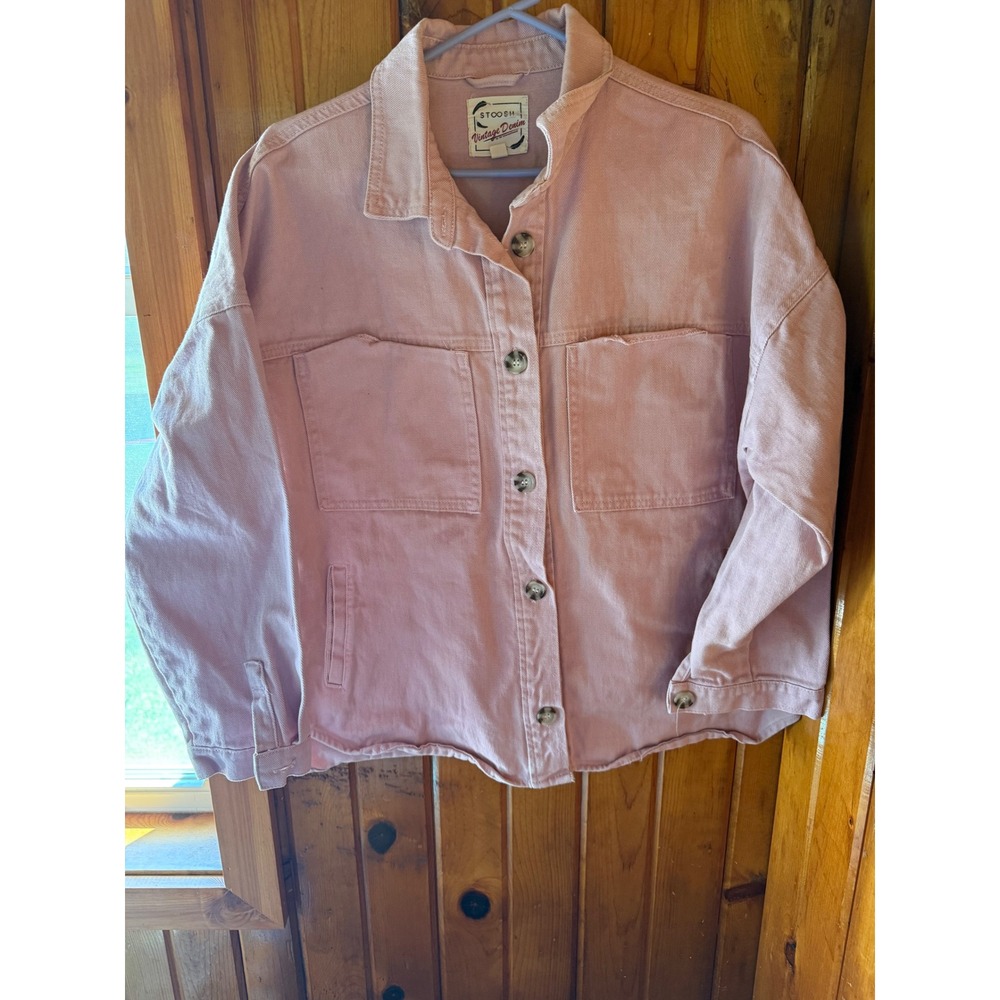 Stoosh Vintage Denim Pink Button Down Jacket Shacket Raw Hem Women Large